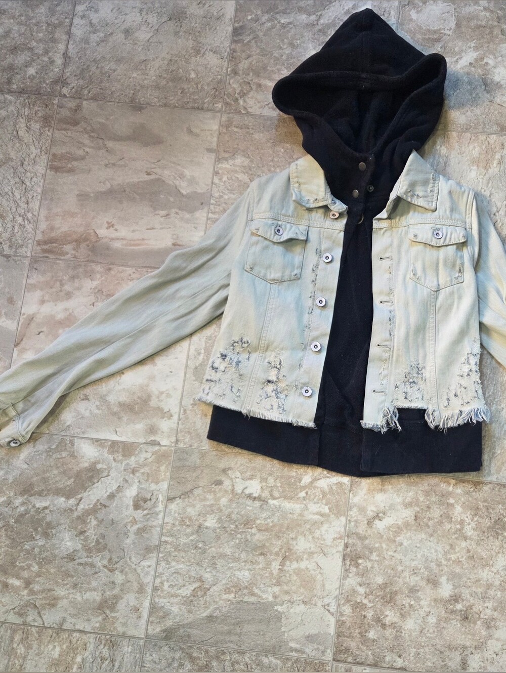 Free People Layer Denim Jacket Women Size XS Blue Hood Weave Distress Teen Wolf